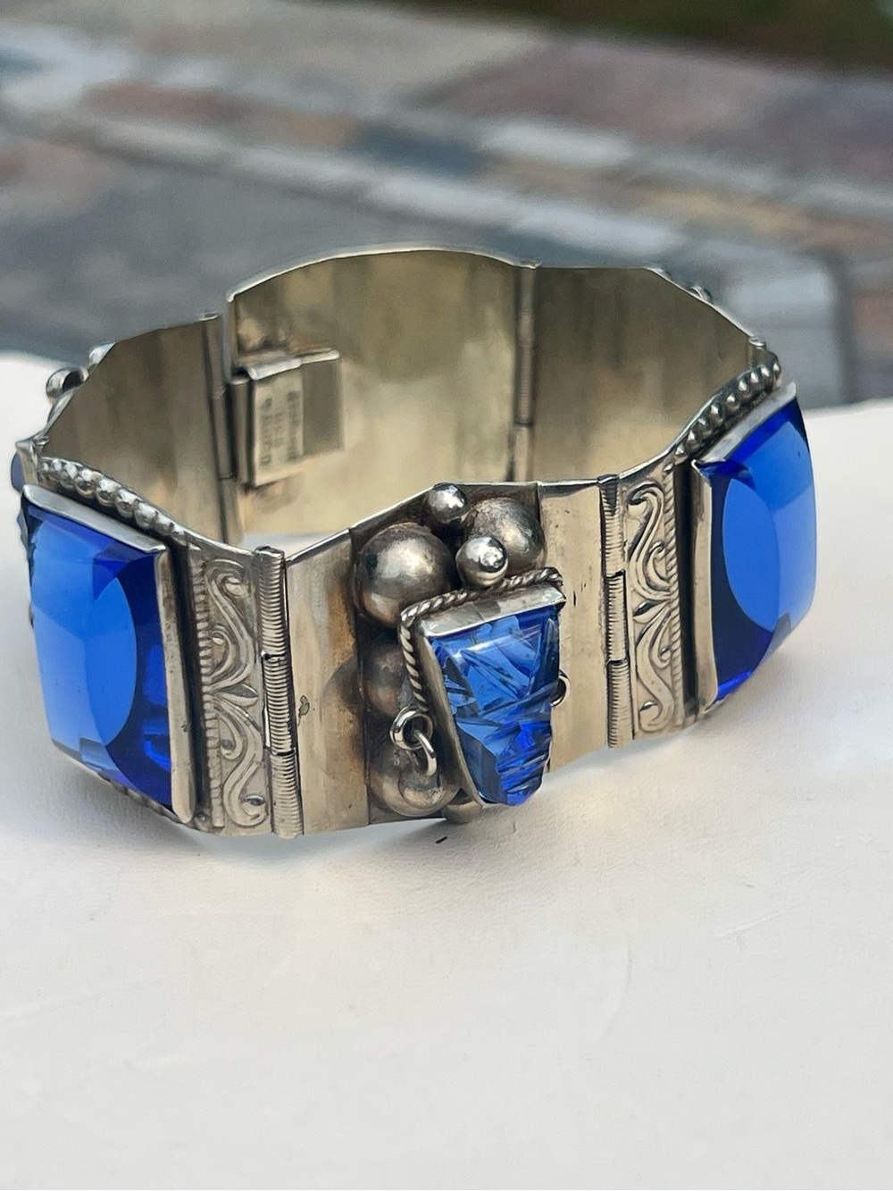 ANTIQUE DECO TASCO JPR STERLING SILVER BLUE GLASS PANEL LINK BRACELET 59gr 30mm